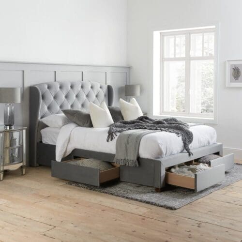 Hope - Double - 4 Drawer Winged Storage Bed - Grey - Velvet - 4ft6 - Happy Beds