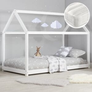 House/Ethan - Single - Novelty Kid's Bed and Open Coil Spring Mattress Included - White - Wooden/Fabric - 3ft - Happy Beds