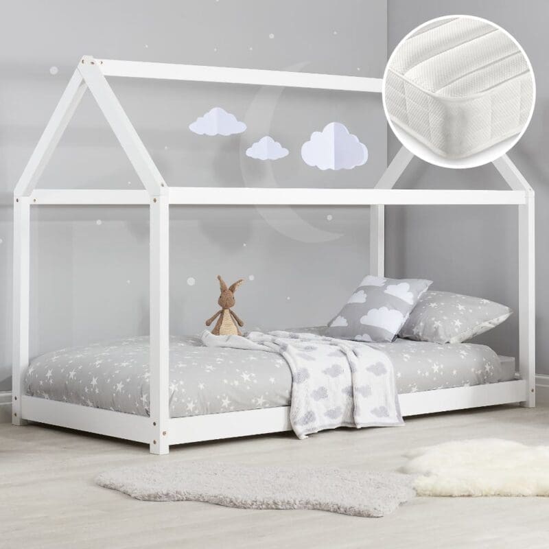 House/Ethan - Single - Novelty Kid's Bed and Open Coil Spring Mattress Included - White - Wooden/Fabric - 3ft - Happy Beds