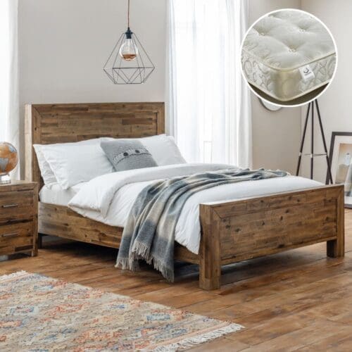 Hoxton/Gold - Double - Low Foot-End Bed and Tufted Orthopaedic Spring Mattress Included - Oak/White - Wooden/Fabric - 4ft6 - Happy Beds