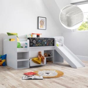 Jake/Noah - Single - Mid Sleeper with Slide and Storage and Open Coil Spring Memory Foam Mattress Included - White - Wooden/Fabric - 3ft - Happy Beds