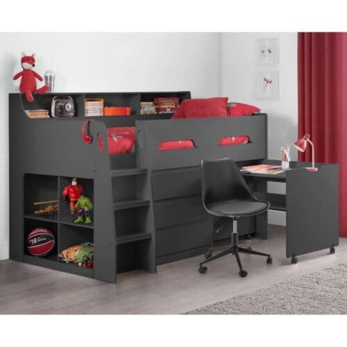 Jupiter - Single - Kids Mid Sleeper Bed - Cabin Bed - Desk and Storage - Dark Grey - 3ft - Happy Beds