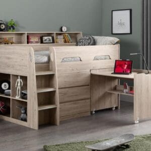 Jupiter - Single - Kids Mid Sleeper Cabin Bed - Oak - Wood - 3ft - Happy Beds