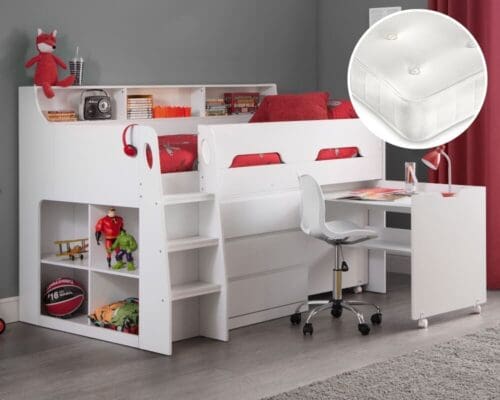 Jupiter/Clay - Single - Mid Sleeper Cabin Bed with Storage and Pull-Out Desk and Open Coil Spring Orthopaedic Mattress Included - White - Wooden/Fabric - 3ft - Happy Beds