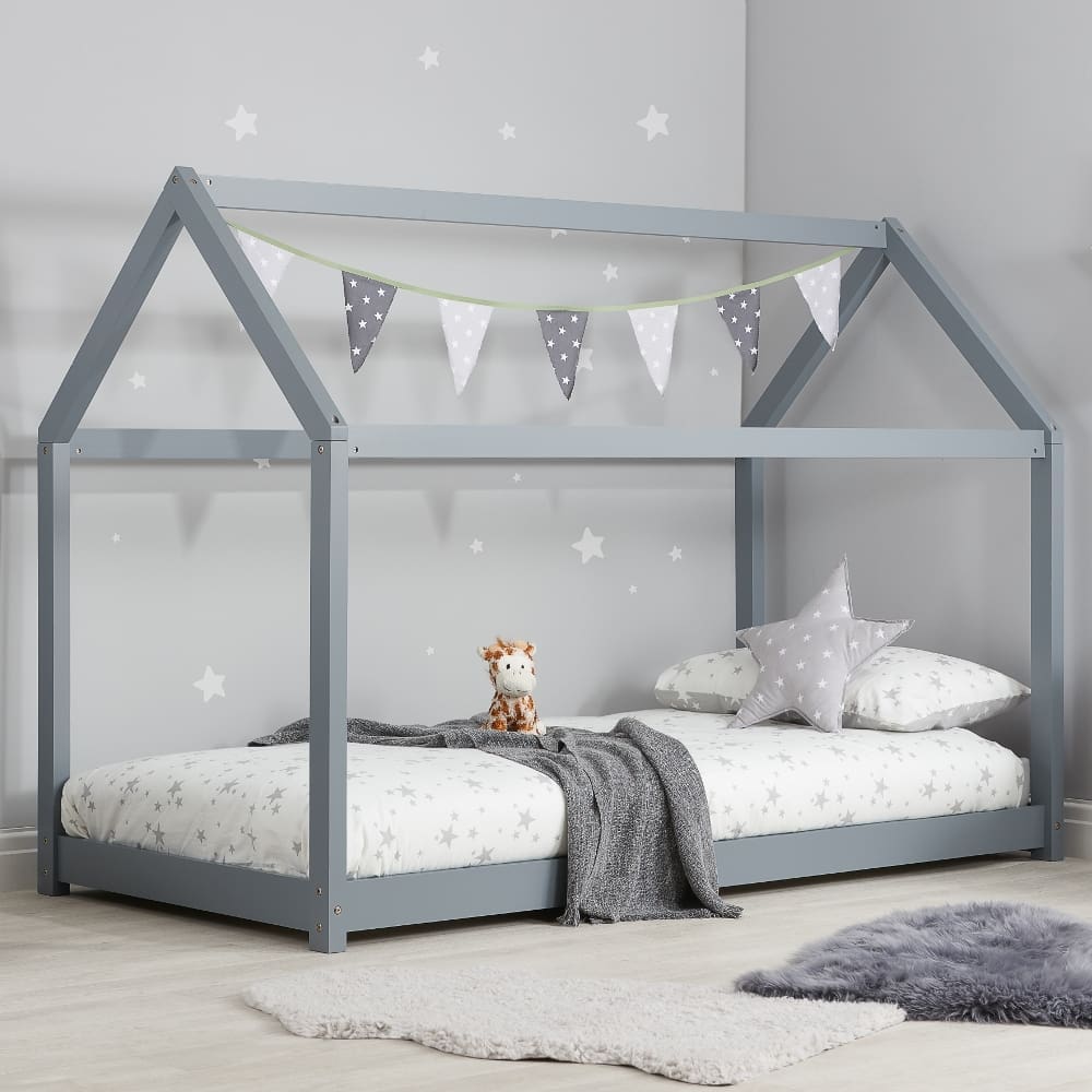 Kids House Shaped Bed Frame - Single - Grey - Wood - 3ft - Happy Beds