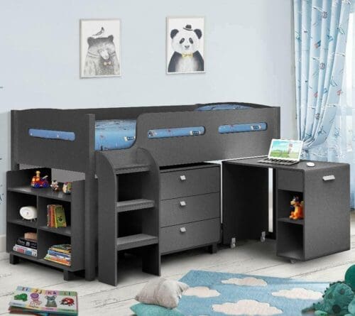 Kimbo - Single - Kids Cabin Bed Frame - Dark Grey - Anthracite - Drawers and Desk - 3ft - Happy Beds