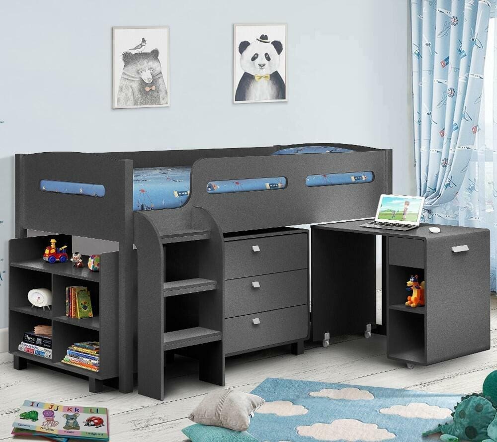 Kimbo - Single - Kids Cabin Bed Frame - Dark Grey - Anthracite - Drawers and Desk - 3ft - Happy Beds