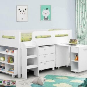 Kimbo - Single - Kids Cabin Bed - Storage and Desk - White - Wooden - 3ft - Happy Beds