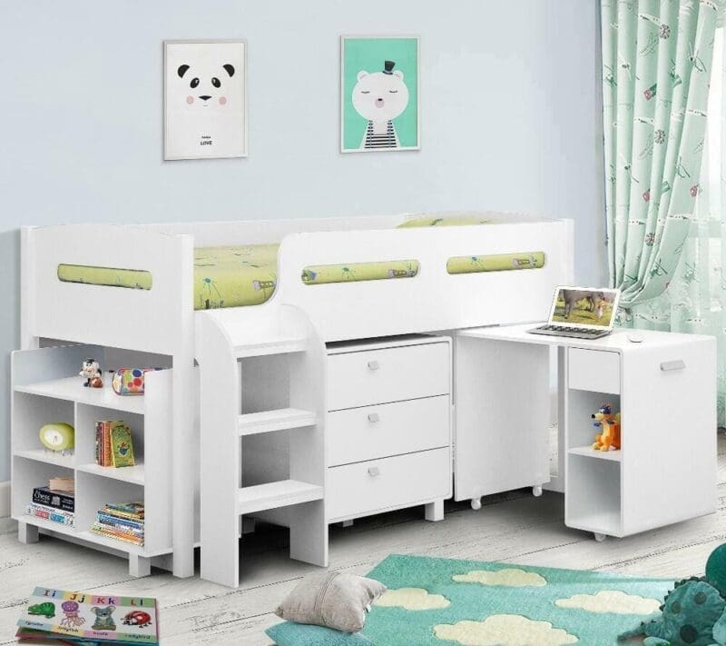 Kimbo - Single - Kids Cabin Bed - Storage and Desk - White - Wooden - 3ft - Happy Beds