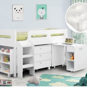 Kimbo/Clay - Single - Mid Sleeper Cabin Bed with Storage and Pull-Out Desk and Open Coil Spring Memory Foam Mattress Included - White - Wooden/Fabric - 3ft - Happy Beds