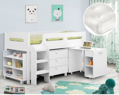 Kimbo/Clay - Single - Mid Sleeper Cabin Bed with Storage and Pull-Out Desk and Open Coil Spring Memory Foam Mattress Included - White - Wooden/Fabric - 3ft - Happy Beds