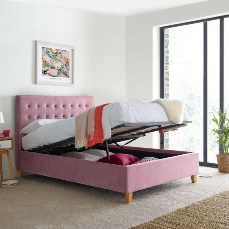 Kingham - Small Double - Ottoman Storage Bed - Pink - Velvet - 4ft - Happy Beds