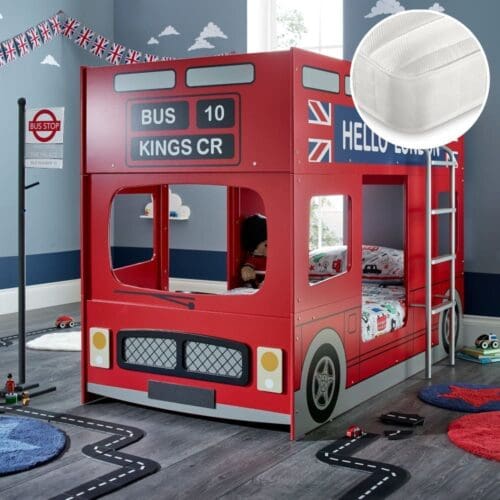 King's Cross/Theo - Single - Bunk Bed and 2 Pocket Spring Mattresses Included - Red/White - Wooden/Fabric - 3ft - Wooden/Happy Beds