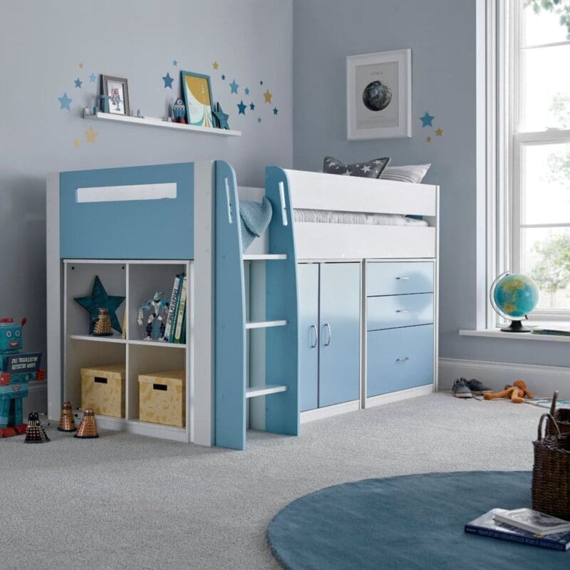 Lacy - Single - Storage Midsleeper Bed - White/Blue - Wooden - 3ft - Happy Beds