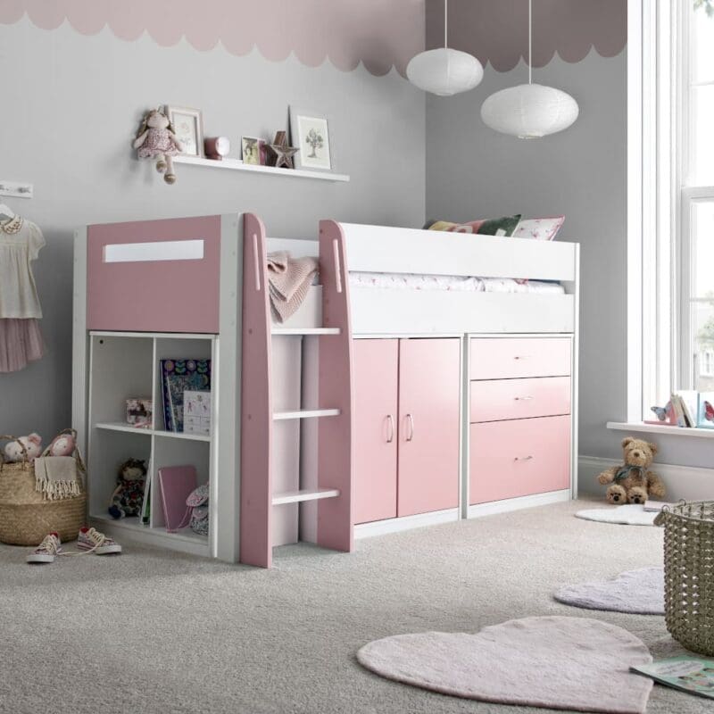 Lacy - Single - Storage Midsleeper Bed - White/Pink - Wooden - 3ft - Happy Beds