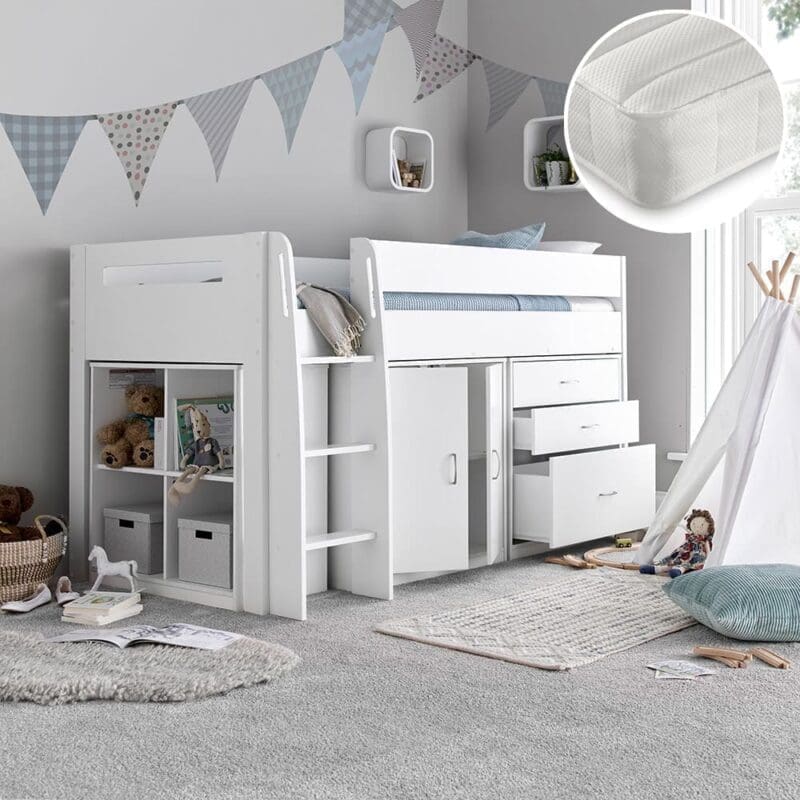 Lacy/Noah - Single - Mid Sleeper with Storage and Open Coil Spring Memory Foam Mattress Included - White - Wooden/Fabric - 3ft - Happy Beds