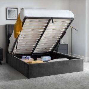 Langham - Double - Ottoman Storage Bed - Grey - Velvet - 4ft6 - Happy Beds