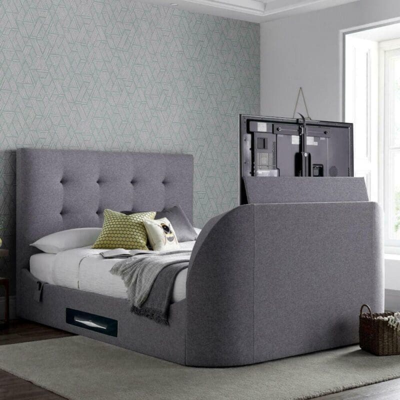 Lannister - Double - Electric TV Bed - Light Grey - Fabric - 4ft6 - Happy Beds