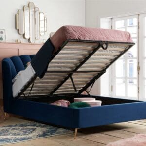 Lottie - Double - Ottoman Bed Frame - Blue - Velvet - 4FT6 - Happy Beds