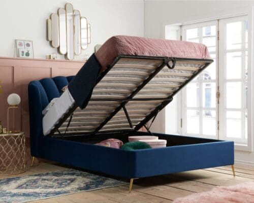 Lottie - Double - Ottoman Bed Frame - Blue - Velvet - 4FT6 - Happy Beds