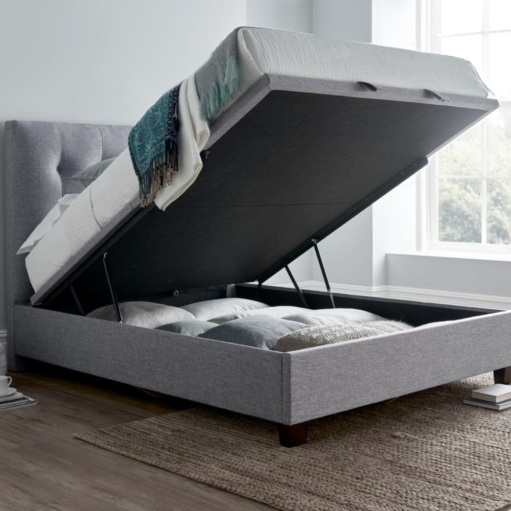 Lumley - Double - Ottoman Storage Bed - Dark Grey - Fabric - 4ft6 - Happy Beds