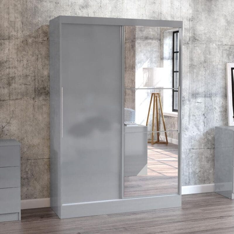 Lynx - 2 Door Sliding Wardrobe With Mirror - Grey - Mirror/Wooden - Happy Beds