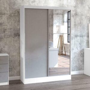 Lynx - 2 Door Sliding Wardrobe With Mirror - White/Grey - Mirror/Wooden - Happy Beds