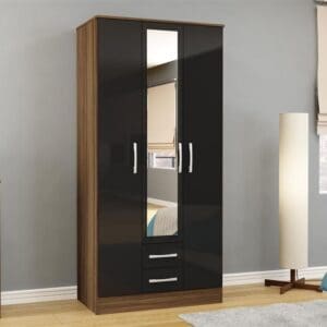 Lynx - 3 Door Combination Mirror Wardrobe - Walnut/Black - Wooden/Mirror - Happy Beds