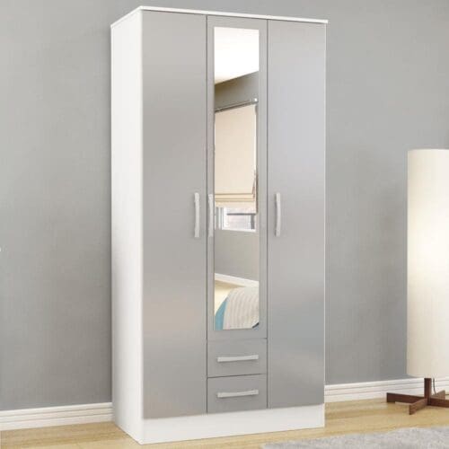 Lynx - 3 Door Combination Wardrobe With Mirror - White/Grey - Mirror/Wooden - Happy Beds