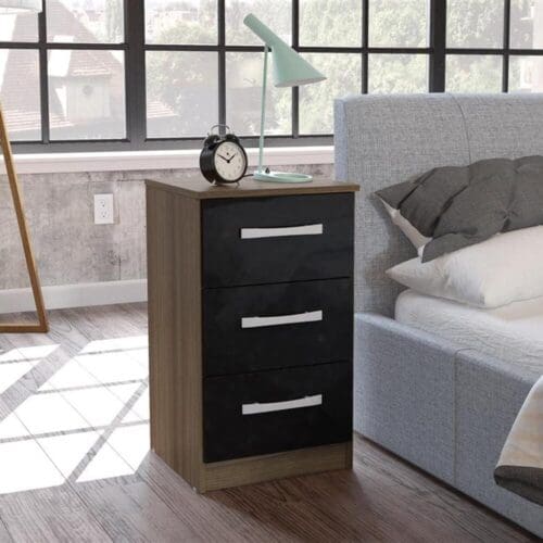 Lynx - 3 Drawer Bedside Table - Walnut/Black - Wooden - Happy Beds