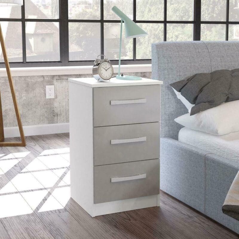 Lynx - 3 Drawer Bedside Table - White/Grey - Wooden - Happy Beds