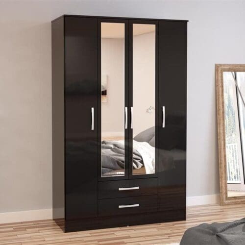 Lynx - 4 Door Combination Wardrobe With Mirror - Black - Wooden/Mirror - Happy Beds