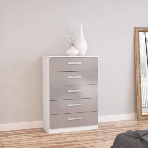 Lynx - 5 Drawer Chest - White/Grey - Wooden - Happy Beds