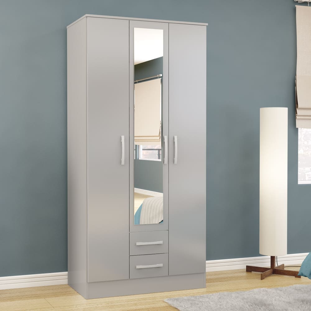 Lynx - Combination Wardrobe With Mirror - Grey - Mirror/Wooden - Happy Beds