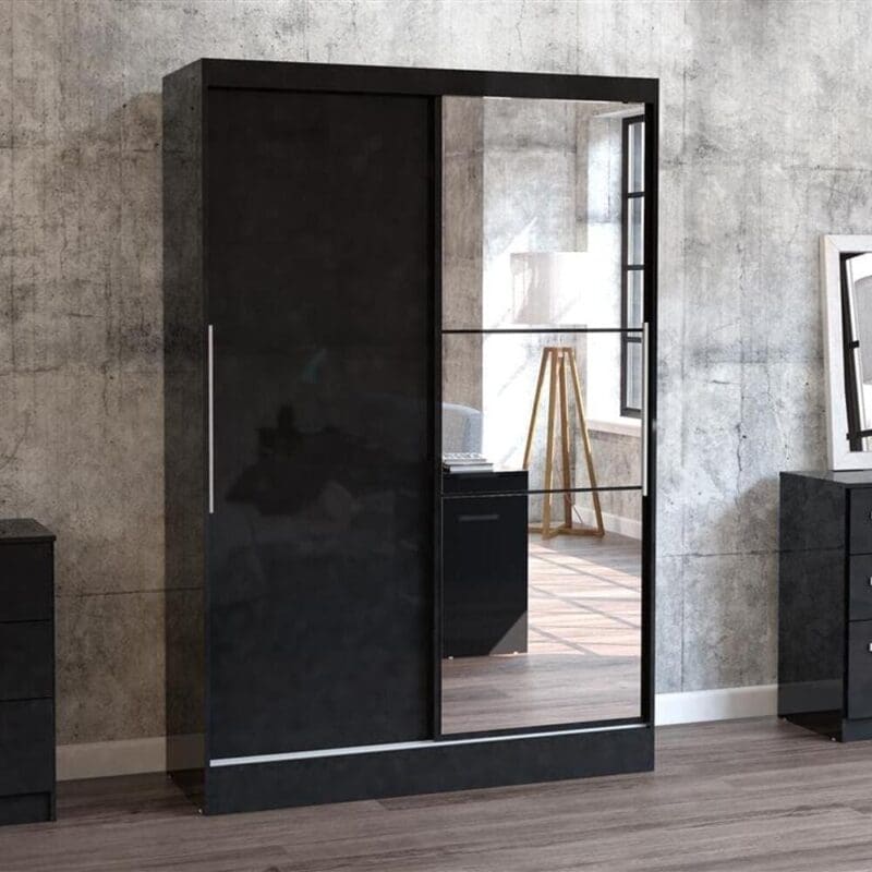 Lynx - Sliding Door Mirror Wardrobe - Black - Wooden/Mirror - Happy Beds