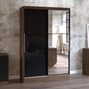 Lynx - Sliding Door Mirror Wardrobe - Walnut/Black - Wooden/Mirror - Happy Beds