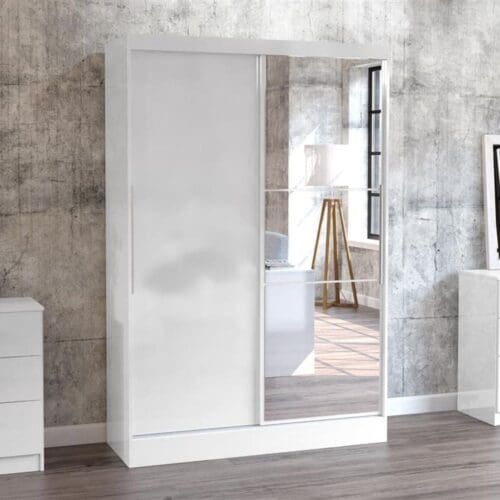 Lynx - Sliding Door Mirror Wardrobe - White - Wooden/Mirror - Happy Beds