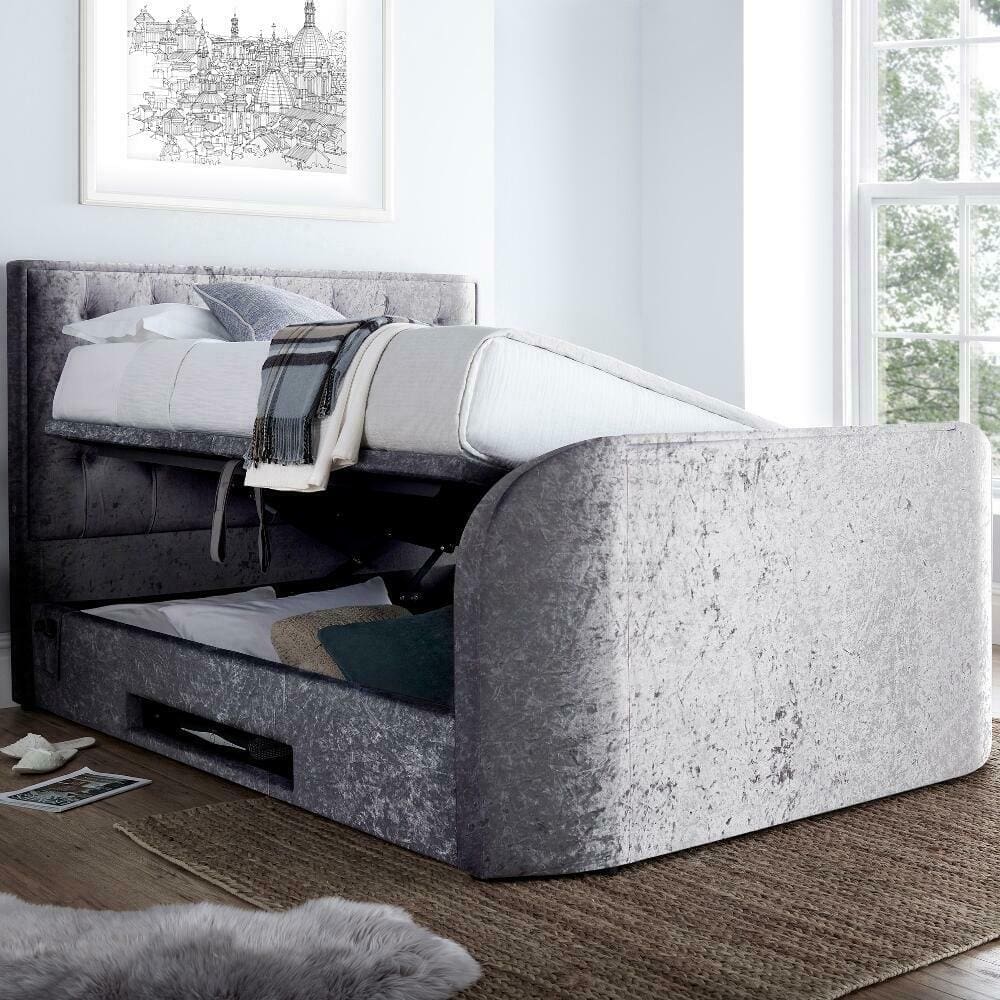 Lyon - King Size - Ottoman TV Bed - Light Grey - Velvet - 5ft - Happy Beds