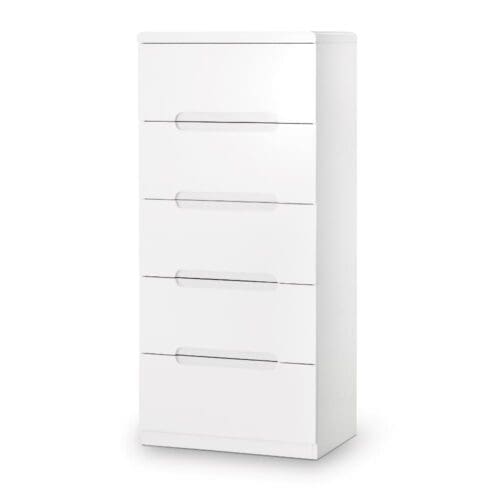 Manhattan - Gloss 5 Drawer Narrow Chest - White - Wooden - Happy Beds