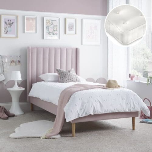 Marlow/Clay - Single - Low Foot-End Kids Bed and Open Coil Spring Orthopaedic Mattress Included - Pink/White - Velvet/Fabric - 3ft - Happy Beds