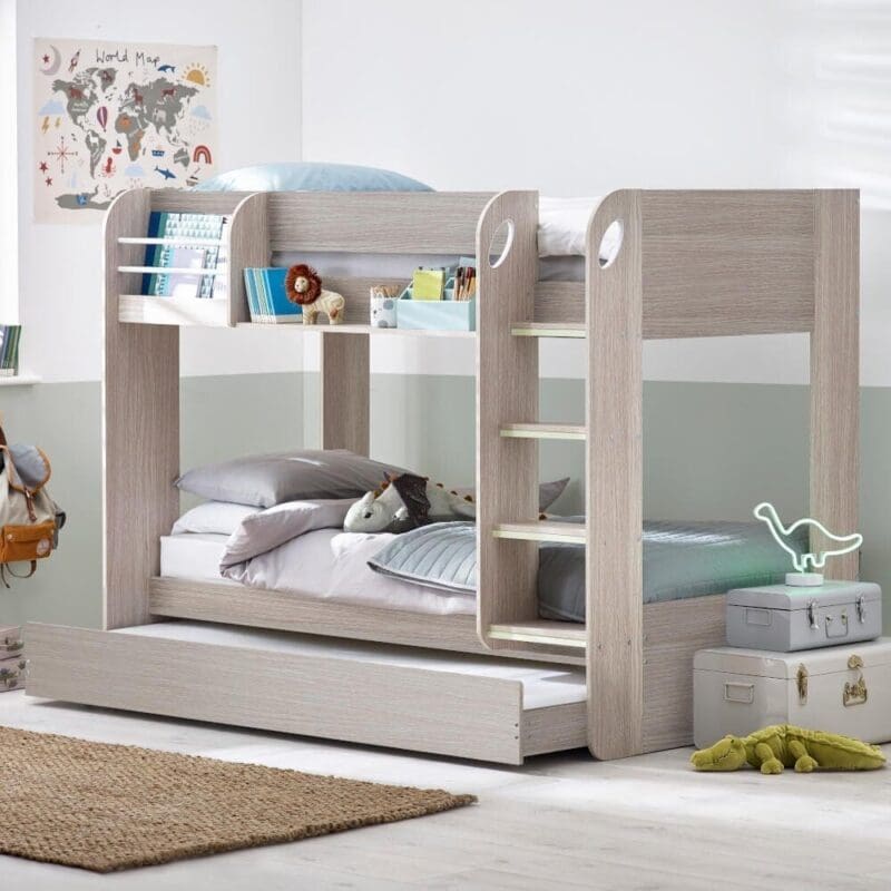 Mars - Single - Kids Bunk Bed - Storage and Underbed Trundle - Grey Oak - Wooden - 3ft - Happy Beds