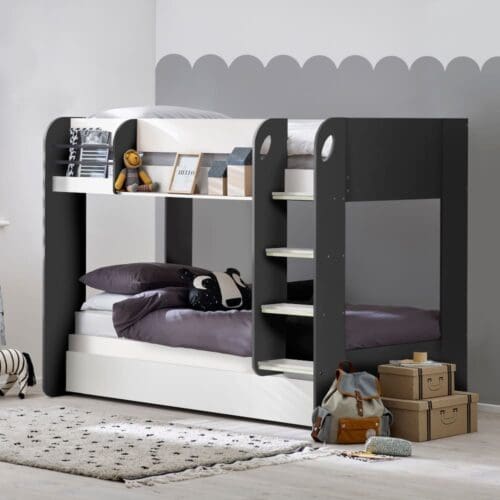 Mars - Single - Kids Bunk Bed - Storage and Underbed Trundle - Grey and White - Wooden - 3ft - Happy Beds