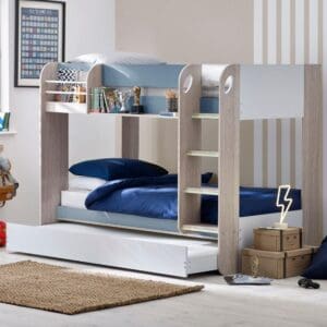 Mars - Single - Kids Bunk Bed - Storage and Underbed Trundle - Pastel Blue - Wooden - 3ft - Happy Beds