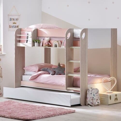 Mars - Single - Kids Bunk Bed - Storage and Underbed Trundle - Pastel Pink - Wooden - 3ft - Happy Beds