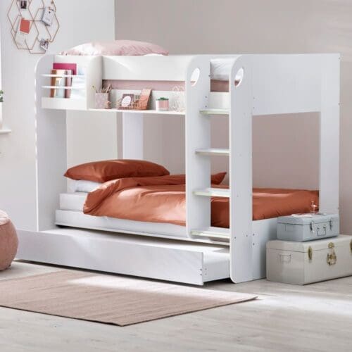 Mars - Single - Kids Bunk Bed - Storage and Underbed Trundle - White - Wooden - 3ft - Happy Beds