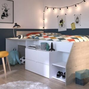 Milky - Single - Kids Mid Sleeper Bed - White and Grey - Wood - 3ft - Happy Beds