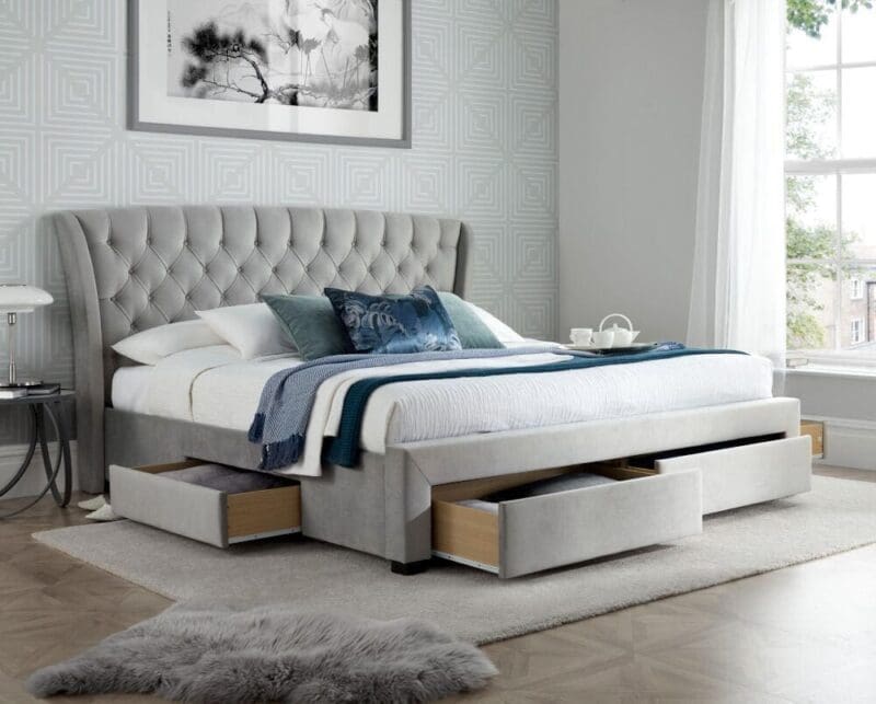 Newton - Double - 4-Drawer Storage Bed - Grey - Velvet - 4ft6 - Happy Beds