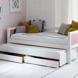 Nordic - Single - Day Bed with Guest Bed and Storage Drawers - White and Rose - 3ft - Happy Beds