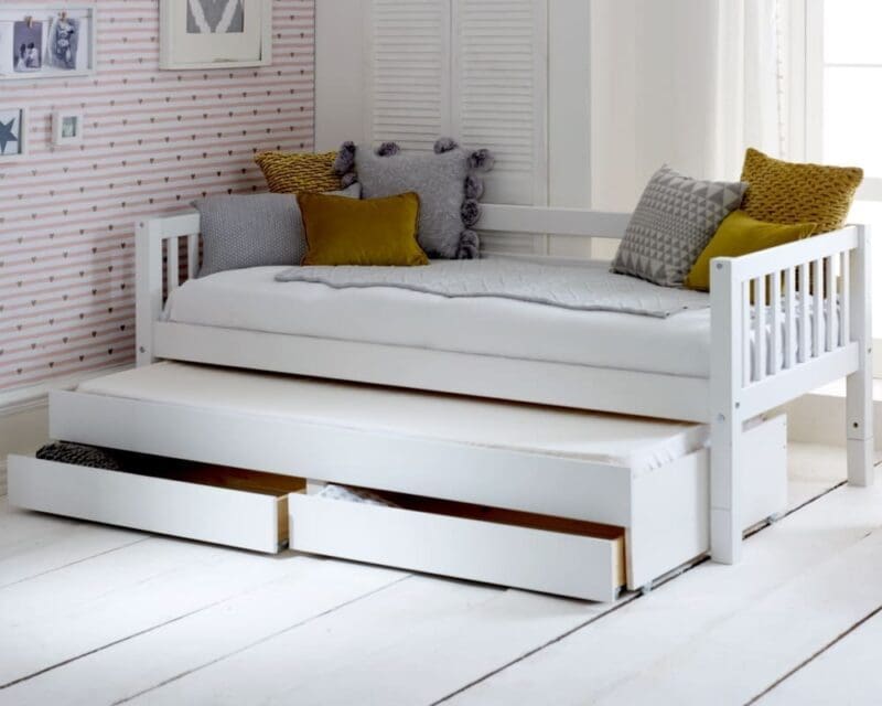 Nordic - Single - Slatted Day Bed with Guest Bed and Storage Drawers - White - 3ft - Happy Beds