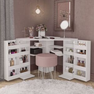 Olivia - Corner Dressing Table With Storage - White - Wooden - Happy Beds